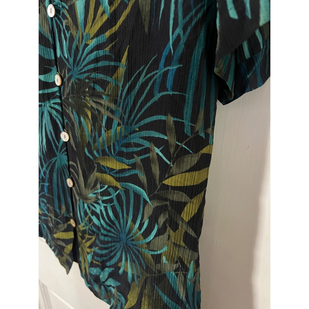 Amanda Smith Petites Silk Blouse PL Vintage Tropical Palm Print Green Black Vtg - Picture 4 of 5